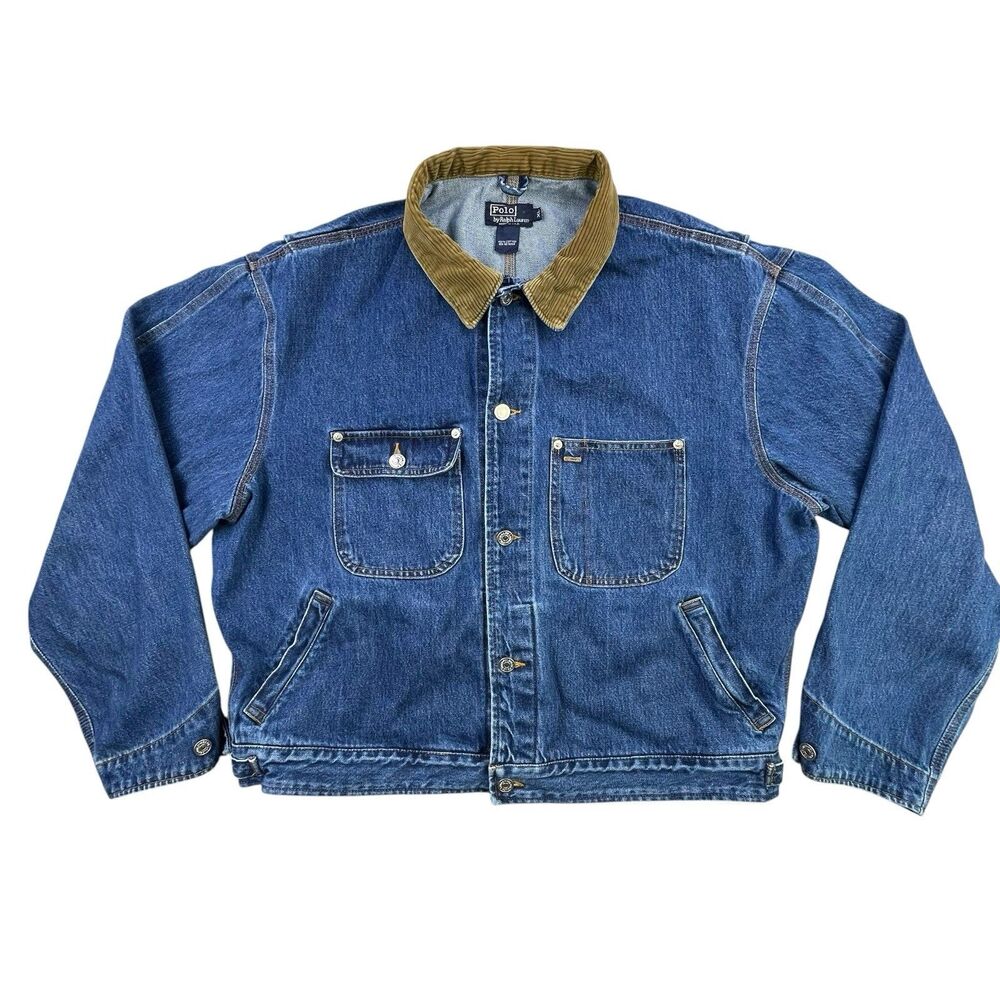 Polo Ralph Lauren Sportsman Denim Jean Jacket Size XL Corduroy Collar Vintage 90